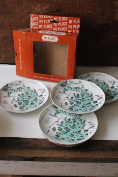 catalog photo of Michigan map My Place state landmarks print china plates set new in box