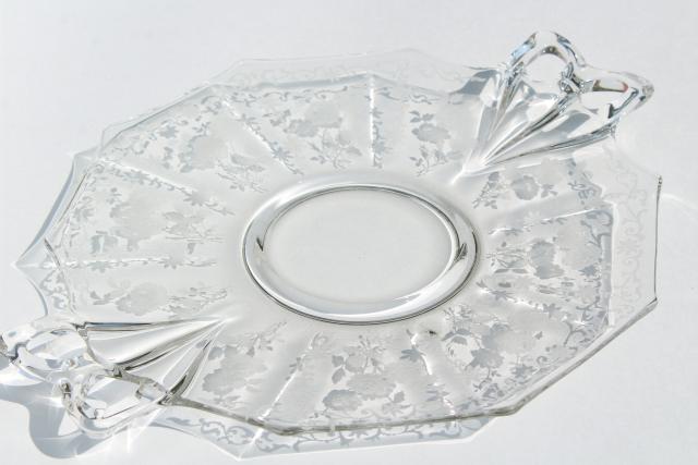 photo of Midnight Rose Fostoria etched glass, vintage cake plate, small serving tray w/ handles #2