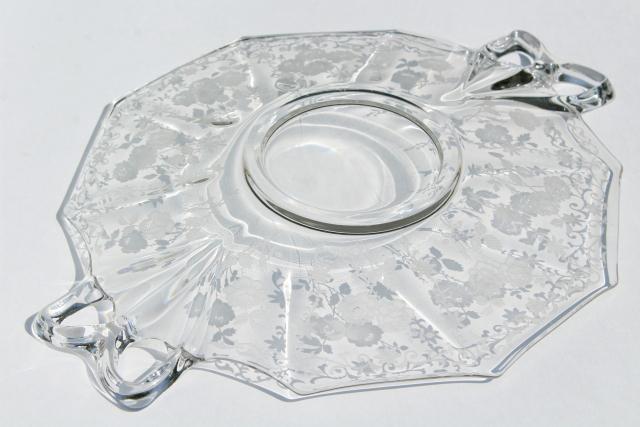 photo of Midnight Rose Fostoria etched glass, vintage cake plate, small serving tray w/ handles #6