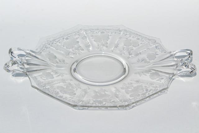 photo of Midnight Rose Fostoria etched glass, vintage cake plate, small serving tray w/ handles #7