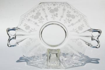 catalog photo of Midnight Rose Fostoria etched glass, vintage cake plate, small serving tray w/ handles