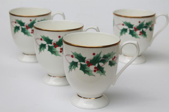 photo of Mikasa Christmas Ribbon Holly holiday china coffee mugs, set of four cups #1