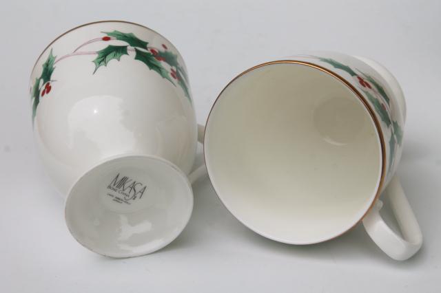 photo of Mikasa Christmas Ribbon Holly holiday china coffee mugs, set of four cups #3