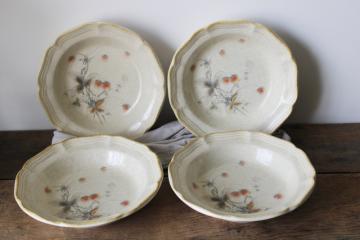 catalog photo of Mikasa Country Charm Berry Vale 80s vintage strawberries pattern stoneware, set of four large soup bowls 
