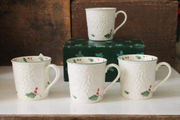 catalog photo of Mikasa English Countryside Christmas mugs Season's Holly pattern new in box vintage set 