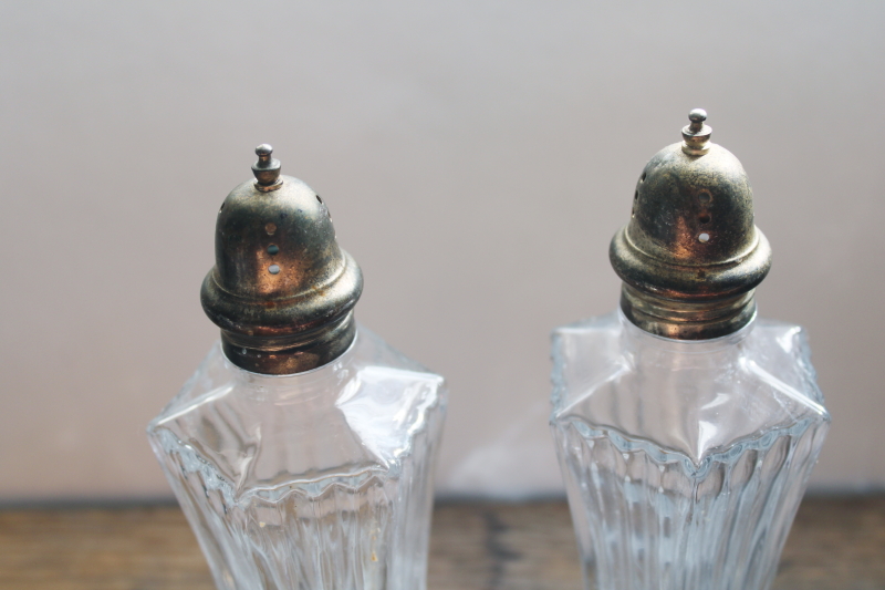 photo of Mikasa large muffineer type shakers, vintage glass sugar shaker or S&P set w/ silver plate lids  #2