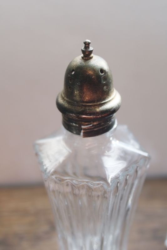 photo of Mikasa large muffineer type shakers, vintage glass sugar shaker or S&P set w/ silver plate lids  #3