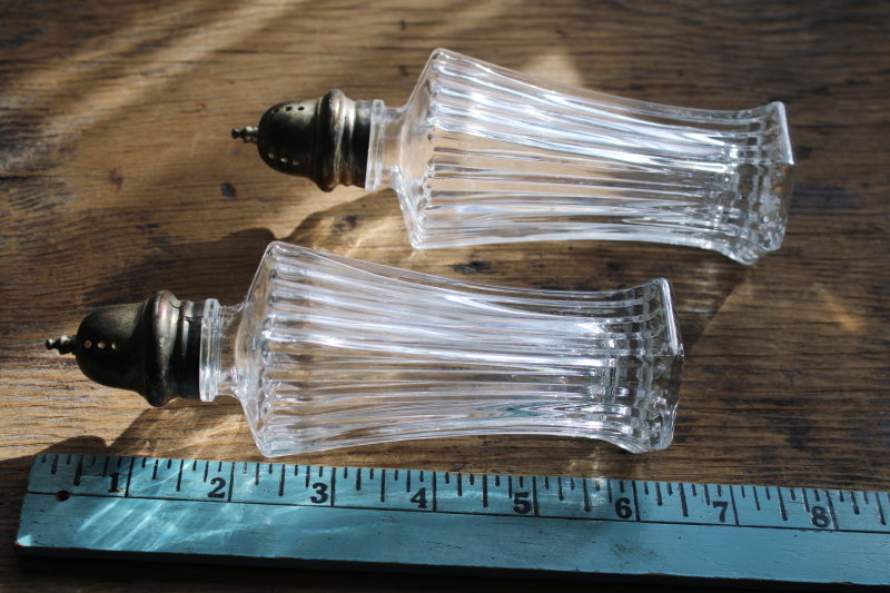 photo of Mikasa large muffineer type shakers, vintage glass sugar shaker or S&P set w/ silver plate lids  #5