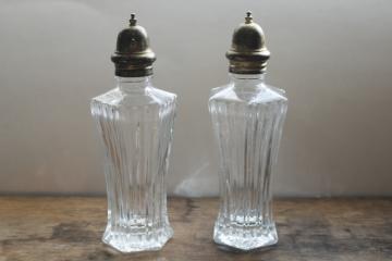 catalog photo of Mikasa large muffineer type shakers, vintage glass sugar shaker or S&P set w/ silver plate lids 