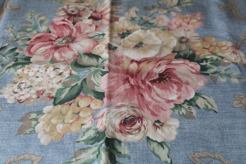 photo of Mill Creek floral print cotton fabric, large roses soft colors on chambray blue #1