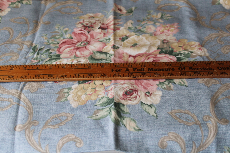 photo of Mill Creek floral print cotton fabric, large roses soft colors on chambray blue #2