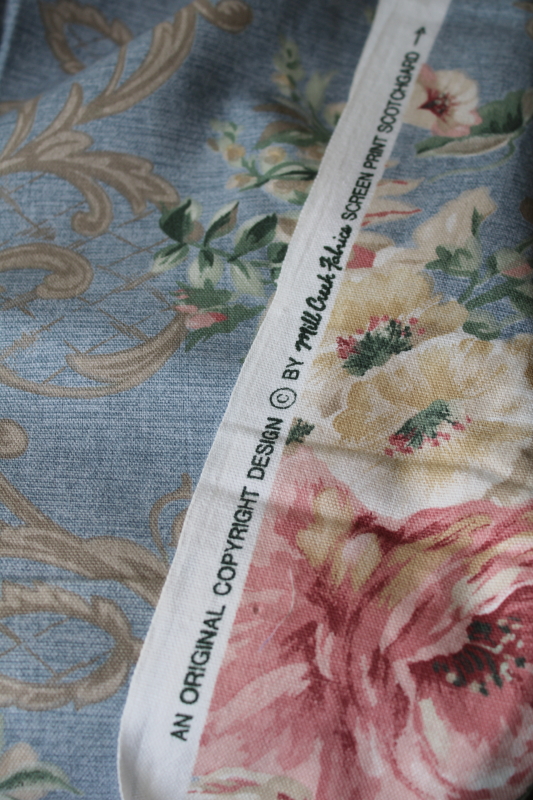 photo of Mill Creek floral print cotton fabric, large roses soft colors on chambray blue #3