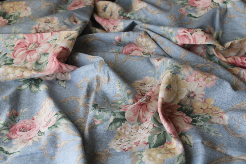 photo of Mill Creek floral print cotton fabric, large roses soft colors on chambray blue #5