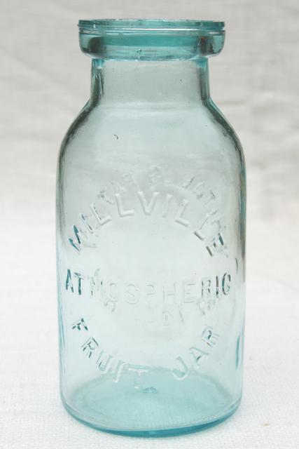 photo of Millville Atmospheric Fruit Jar, old embossed blue glass canning jar #1