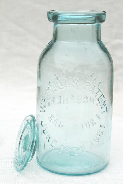 photo of Millville Atmospheric Fruit Jar, old embossed blue glass canning jar #4