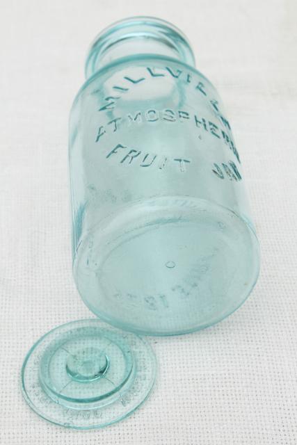 photo of Millville Atmospheric Fruit Jar, old embossed blue glass canning jar #8