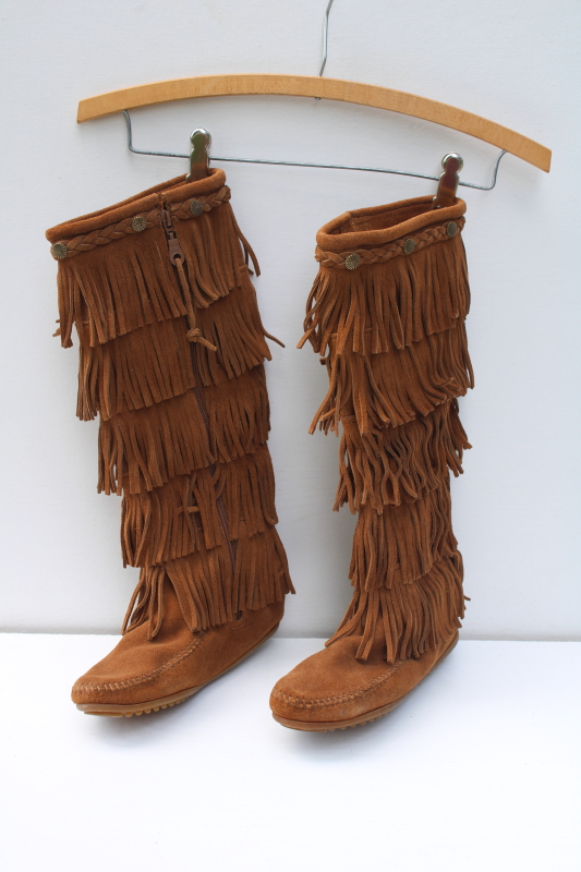 photo of Minnetonka tall fringed moccasin boots, soft brown nubuck leather side zip boots marked size 6  #1