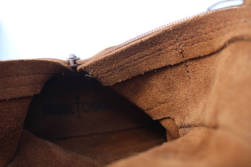 photo of Minnetonka tall fringed moccasin boots, soft brown nubuck leather side zip boots marked size 6  #2