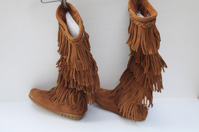 photo of Minnetonka tall fringed moccasin boots, soft brown nubuck leather side zip boots marked size 6  #3
