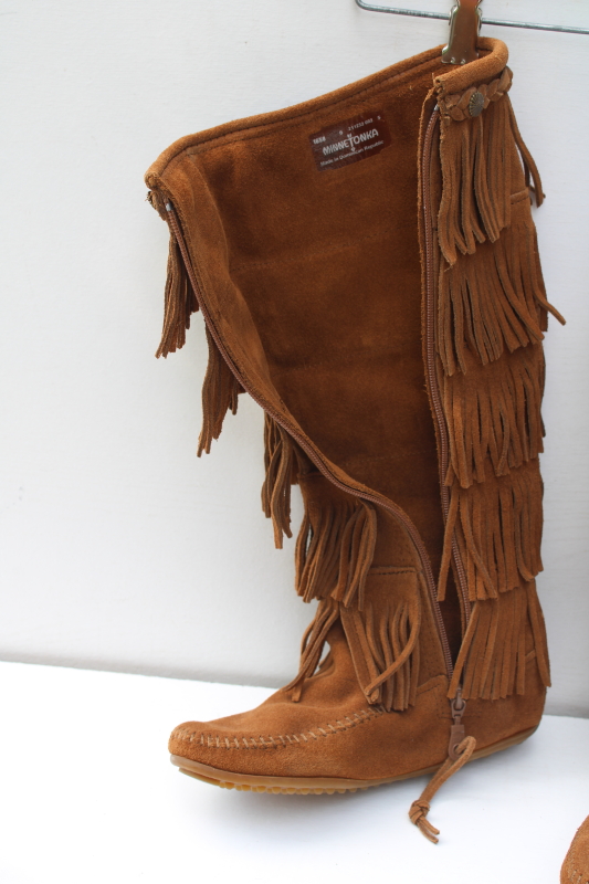 photo of Minnetonka tall fringed moccasin boots, soft brown nubuck leather side zip boots marked size 6  #5