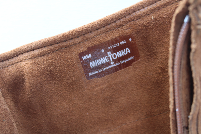 photo of Minnetonka tall fringed moccasin boots, soft brown nubuck leather side zip boots marked size 6  #6