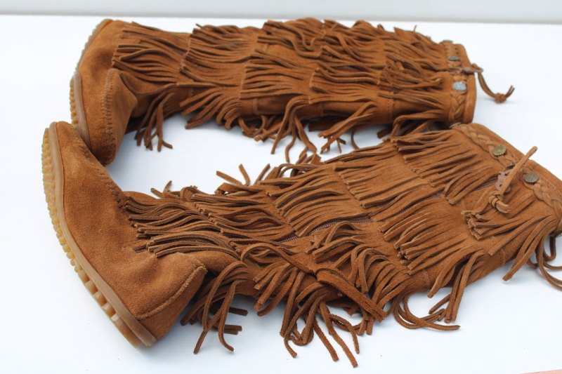 photo of Minnetonka tall fringed moccasin boots, soft brown nubuck leather side zip boots marked size 6  #7