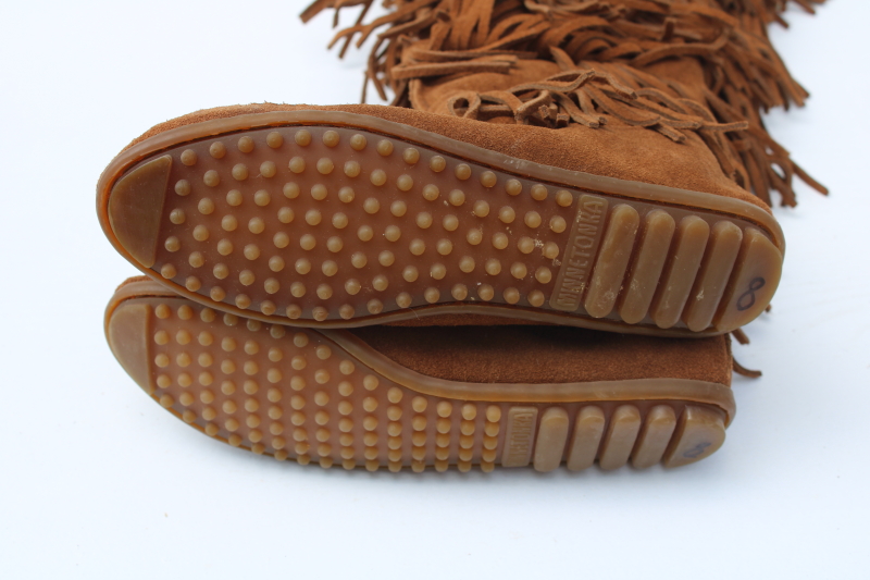 photo of Minnetonka tall fringed moccasin boots, soft brown nubuck leather side zip boots marked size 6  #8