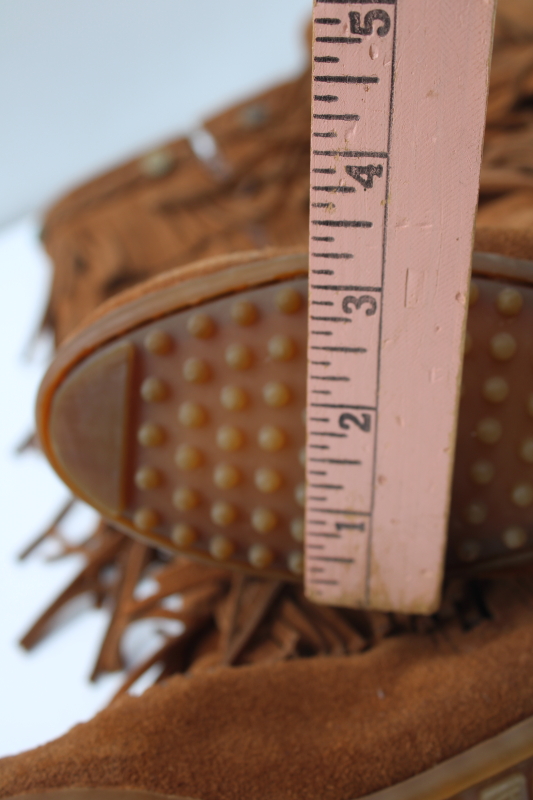photo of Minnetonka tall fringed moccasin boots, soft brown nubuck leather side zip boots marked size 6  #9