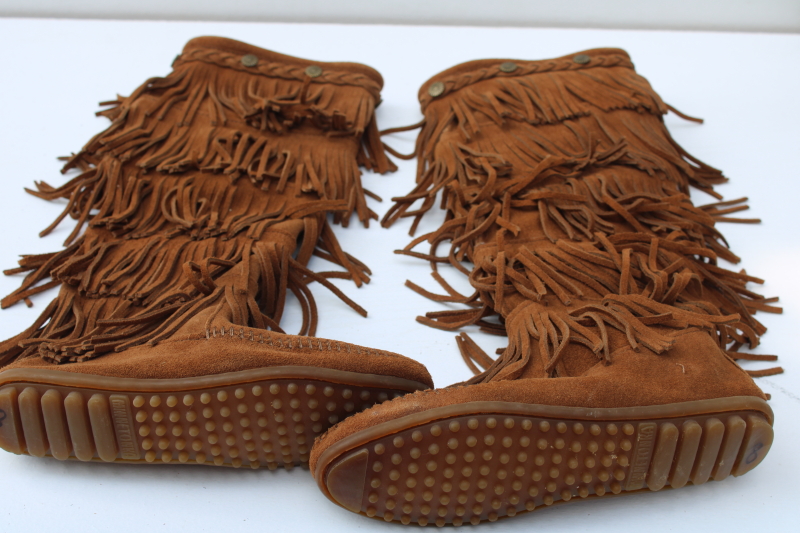 photo of Minnetonka tall fringed moccasin boots, soft brown nubuck leather side zip boots marked size 6  #11
