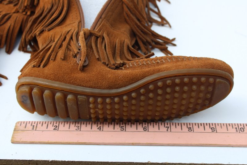photo of Minnetonka tall fringed moccasin boots, soft brown nubuck leather side zip boots marked size 6  #12
