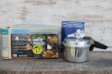 catalog photo of Mirro aluminum Speed Cooker Canner 4 qt pot pressure valve lid w/ book 90s vintage new in box 