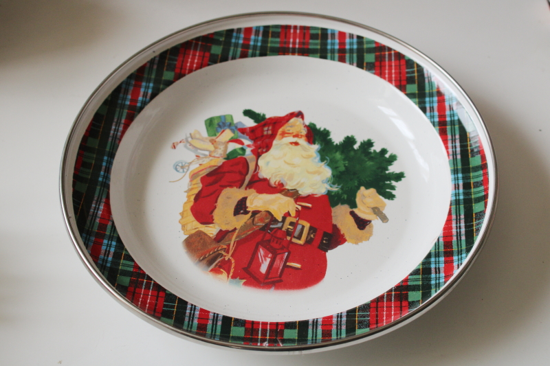 photo of Mitford Santa Claus vintage Hallmark enamelware tray, tartan border holiday serving plate  #1