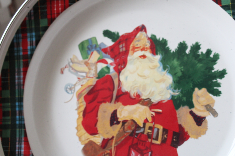 photo of Mitford Santa Claus vintage Hallmark enamelware tray, tartan border holiday serving plate #2
