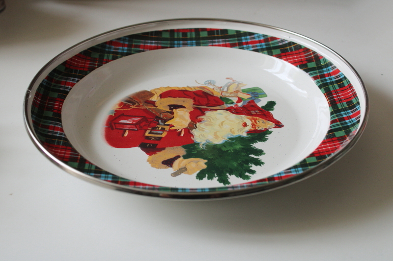 photo of Mitford Santa Claus vintage Hallmark enamelware tray, tartan border holiday serving plate #4