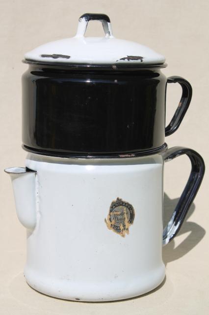 photo of Modern Design label 1930s vintage enamelware stovetop coffee maker dripolator drip pot #1