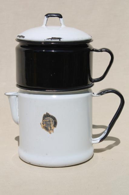 photo of Modern Design label 1930s vintage enamelware stovetop coffee maker dripolator drip pot #6