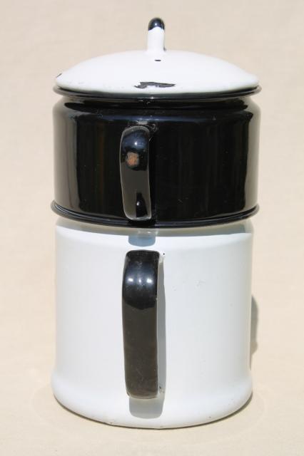 photo of Modern Design label 1930s vintage enamelware stovetop coffee maker dripolator drip pot #7