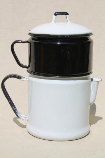 photo of Modern Design label 1930s vintage enamelware stovetop coffee maker dripolator drip pot #8