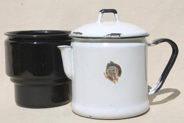 photo of Modern Design label 1930s vintage enamelware stovetop coffee maker dripolator drip pot #10