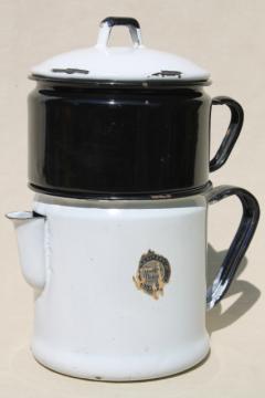 catalog photo of Modern Design label 1930s vintage enamelware stovetop coffee maker dripolator drip pot