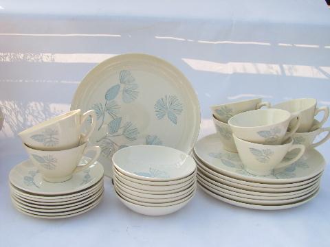 photo of Monmouth blue spruce pine pattern pottery dinnerware for 8, vintage camp or cottage style #1