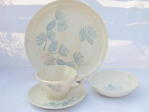 photo of Monmouth blue spruce pine pattern pottery dinnerware for 8, vintage camp or cottage style #2