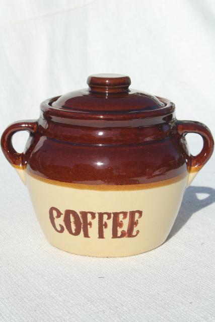 photo of Monmouth stoneware pottery crock marked Coffee, vintage canister jar #1