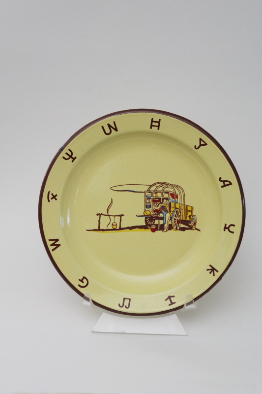 photo of Monterrey Western Ware enamelware, vintage Mexico camp plate w/ cowboy chuck wagon #1