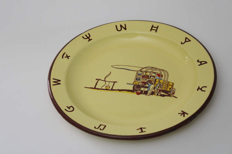 photo of Monterrey Western Ware enamelware, vintage Mexico camp plate w/ cowboy chuck wagon #2