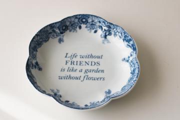 catalog photo of Monticello blue & white china trinket dish, Jefferson quote Life without friends