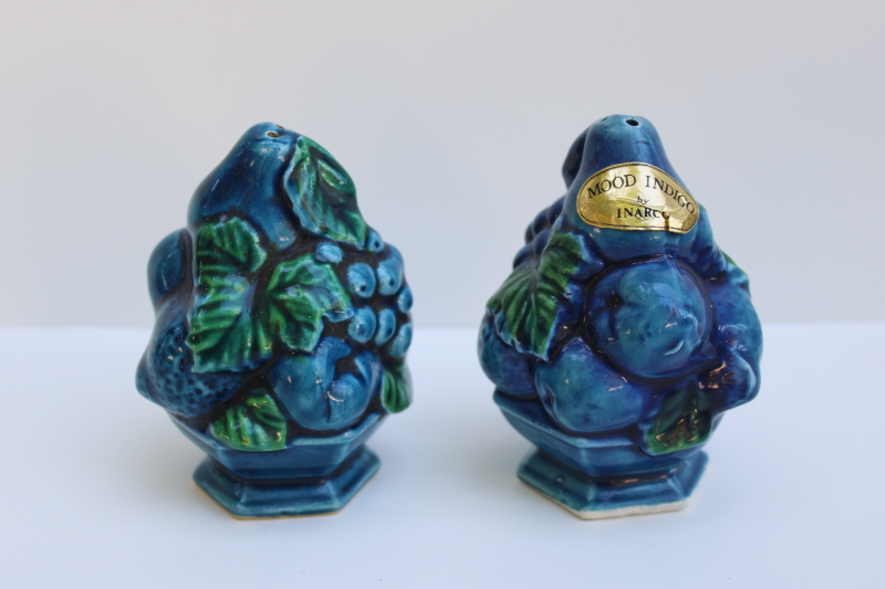 photo of Mood Indigo label mod vintage blue fruit ceramic salt & pepper shakers Inarco Japan #1