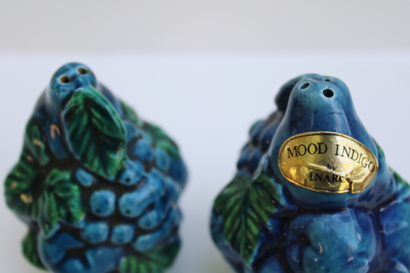 photo of Mood Indigo label mod vintage blue fruit ceramic salt & pepper shakers Inarco Japan  #2