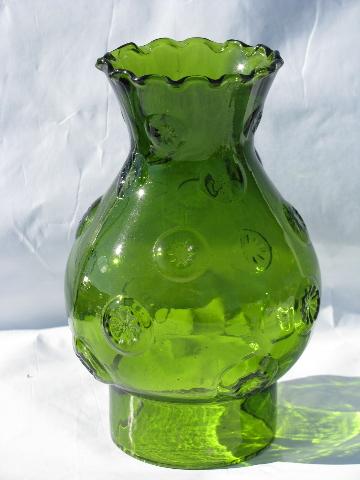 photo of Moon & Star pattern glass, large vintage kero oil lamp, antique green color #3