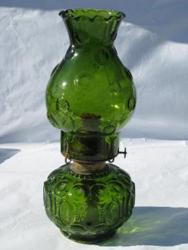 catalog photo of Moon & Star pattern glass, large vintage kero oil lamp, antique green color